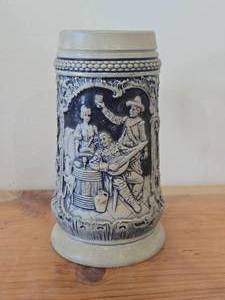 Vintage 7 Traditional German Life theme Salt Glazed Stoneware Beer Stein (Germany)