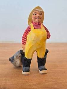 Vintage 5 34 Fisherman with His Catch theme Hand-carved Wooden Collectible Folk Art Figurine by Henning Engelsen (Norway) or M. Fortir (Quebec)