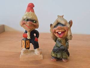Lot of (2) Vintage Norwegian Troll theme Hand carved Wood Figurines by Henning (Norway) Woman 5, Man with Lantern 6-12