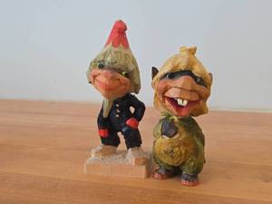 Lot of (2) Vintage Norwegian Troll theme Hand carved Wood Figurines by Henning (Norway) Woman 5, Man 6-12