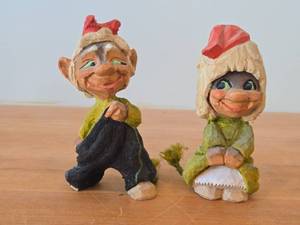 Lot of (2) Vintage Norwegian Troll theme Hand carved Wood Figurines by Henning (Norway) Woman 6, Man 6