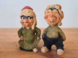 Lot of (2) Vintage Norwegian Troll theme Hand carved Wood Figurines by Henning (Norway) Woman 6, Man 6