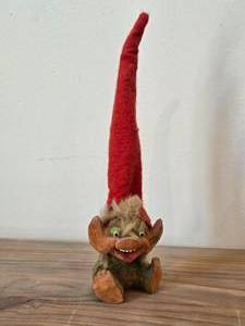 Vintage 10 14 Gnome Troll with Red Pointy Hat theme Hand carved Wood Figurine by Henning (Norway)