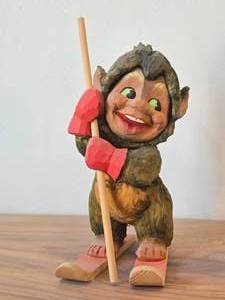 Vintage 7 12 Norwegian Troll Skiing theme Hand carved Wood Figurine by Henning (Norway)