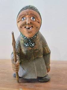 Vintage Old Lady theme Hand carved Hand painted Wood Figurine by Ole Oien (Signed)