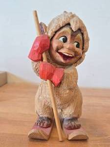 Vintage 7 12 Norwegian Troll Skiing theme Hand carved Wood Figurine by Henning (Norway)
