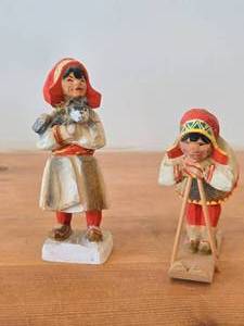 Lot of (2) Vintage Lapland Girl theme Hand carved Wood Figurines by Henning (Norway)