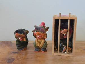 Lot of (3) Vintage Troll theme Hand carved Wood Figurines by Henning (Norway)  Folk Art style