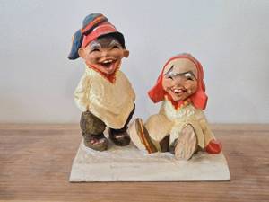 Vintage Sami Man and Woman (Laughing Boy and Girl) theme Hand carved Hand painted Wood Figurine by Henning (Norway)