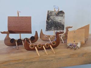 Lot of (5) Viking Ship theme Hand carved Wood Figurines