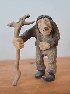 Vintage 9 Troll theme Hand carved Wood Figurine (Signed) by Asbjorn Raanaa  Norwegian Folk Art style