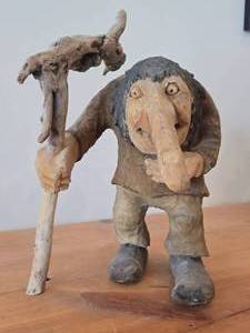 Vintage 14 12 Troll theme Hand carved Wood Figurine (Signed) by Asbjorn Raanaa  Authentic Norwegian Folk Art style
