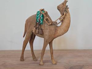 Vintage Camel with Hand-stitched Saddle Blanket theme Hand carved Wood Figurine