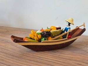 Vintage Thai Souvenir Doll Handmade Wood Floating Market Scene