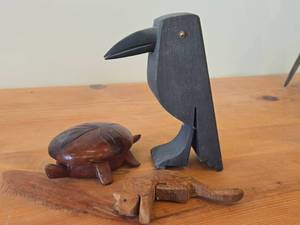 Lot of (3) Vintage Items - Handcrafted Wooden Turtle theme Trinket Box, Hand carved Wooden Cat Bookshelf Dcor Signed by Judy, Hand carved Hand painted Wooden Crow theme Letter Holder