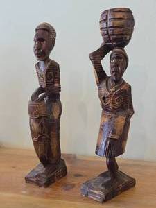 Lot of (2) Vintage African theme Handcrafted Wood Carving Sculptured Figurines