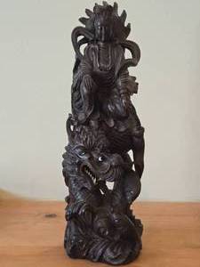 18 Chinese Hardwood Sculpture of Guanyin The Buddhist Bodhisattva of Compassion Seated on a Shishi Lion Dog  Dragon