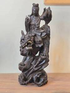 16 14 Chinese Hardwood Sculpture of Guanyin The Buddhist Bodhisattva of Compassion Seated on a Shishi Lion Dog  Dragon