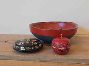 Vintage Hand painted Norwegian Rosemaling Folk Art style - Bowl, Trinket Box, Apple Shaped Trinket Box
