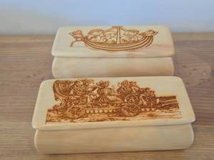 Wooden Jewelry  Trinket Box with Pyrography of Viking Ship on lid, Wooden Jewelry  Trinket Box with Pyrography of Horse Drawn Carriage