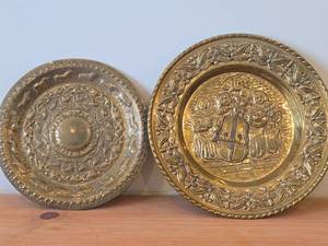 Lot of (2) Vintage Decorative Plates - Brass Embossed Wall Plate Featuring Musicians, Asian Style Brass Plate with Animal Motif