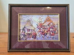 Framed 3D Diorama  Shadow Box Wall Art of Traditional Thai Village with Non-Translated Script in Lower Right Corner