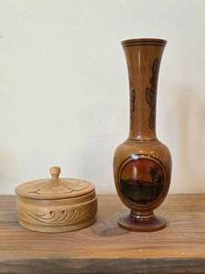 Lot of (2) Vintage Items - 10 Hand-Turned Wooden Vase, 5x3 Handcrafted Wood Lidded Trinket Box (Norway)