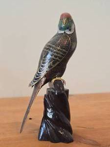 Vintage Late 19th Century 11 Parakeet theme Qing Dynasty Chinese Cloisonn Figurine with Wood Stand