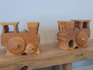 Lot of (2) Handcrafted Solid Wood Toy Train Locomotive with Trinket Storage - One with P, One with H