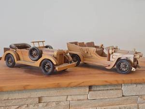 Lot of (2) Handcrafted Wooden Vintage Model Cars - 1930s Cadillac Convertible  1900s Rolls Royce