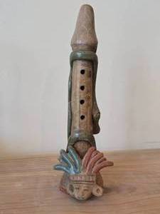 Vintage 9 Mayan Aztec Handmade Clay Pottery Flute