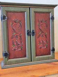 Wooden Wall Cabinet 2-door2-drawer3-shelf  Norwegian Rosemaling style  21 wide x 7 12 deep x 21 tall