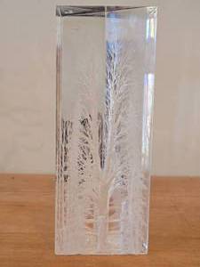 Frank R. Albrecht Acrylic Reverse Carved Sculpture with Woodlands Scene of Trees and Birds