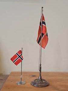 Lot of (2) Norwegian Constitution Day Flag Pole with Miniature Norwegian Table Flag and Silverplated Stand