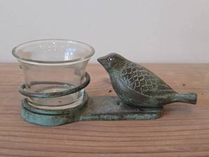 Bronze Bird theme Votive Statue with Aged Green Patina Finish  Glass Votive Candleholder