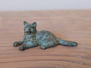 Hand-finished Lying Kitten Bronze Statue with Aged Green Patina Finish