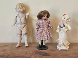 Lot of (3) Vintage Items - 1950s-1960s Porcelain Spaghetti Trim Girl Figurine (Japan)  B.S. Co Bisque-Jointed Porcelain Figurine with Blue Tie  Bisque Doll on Stand (1) 5, (1) 7 and (1) 5-12