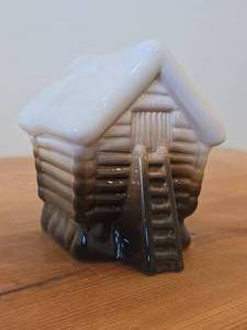 Vintage Collectible Ceramic Log Cabin Figurine by Rolf Berg of Torshalla Sweden (signed on bottom)