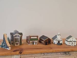 Set of 6 Ceramic Tea Light Houses  Structures by Rice - Ski Jump, Iola Mills, Hobbies Store, Iola Winter Sports Club, Church, House - Each Piece Signed and Authenticated on Bottom