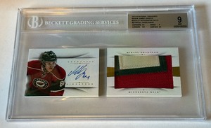 Mikael Granlund RC Auto & Tri-Colored Jumbo Relic 25 2013-14 National Treasiures Booklet #26 Numbered 0725 Beckett Graded 9  9 Minnesota Wild Hockey Card