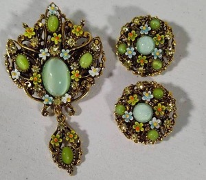 Stamped Arthur Pepper (ART) Moonglass Brooch & Earrings Set