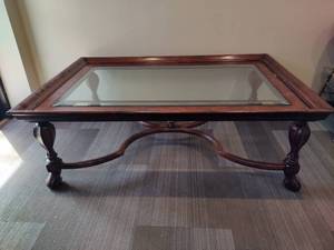 Thomasville Huge Wood wBeveled Glass Coffee Table