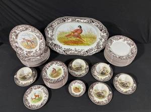 Spode Wildlife Transferware Dinnerware Set - Brown Floral Border with Birds & Animals