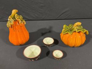 Pumpkin Ceramic Vases With Leaves & Black-Leaf Bowls Set - 5 Pieces