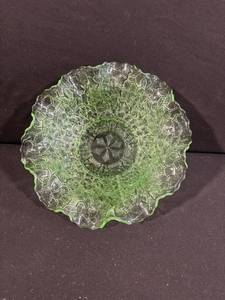 Uranium Green Glass Bowl - Textured Leaf Pattern with Scalloped Edge