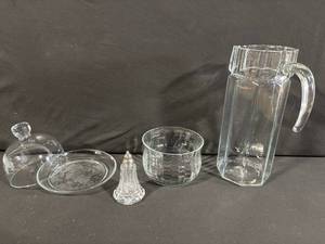 Crystal Glass Serving Set - Lidded Candy Dish, Salt Shaker, Round Bowl & Tall Carafe