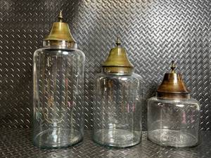 Vintage Glass Apothecary Jars - 3-Piece Set with Brass Cone Lids