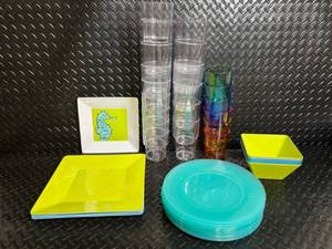Colorful Plastic Dinnerware Set - Square Bowls, Turquoise Rounds & Rainbow Tumblers