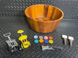 Bobby Flay Wooden Bowl with Corkscrews & Wine Accessories