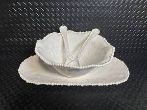 Beatriz Ball Beaded Edge Oval Bowl - White Ceramic with 2 Utensils